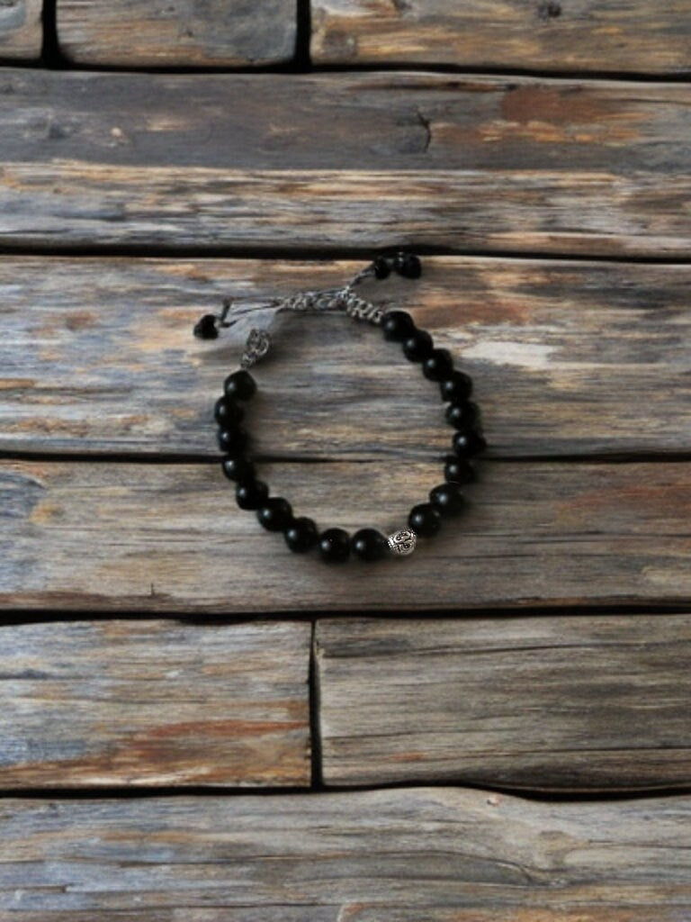 January birthstone Black onyx adjustable bracelet with meditation “OM” bead gemstone unisex jewelry gift natural healing metaphysical mens