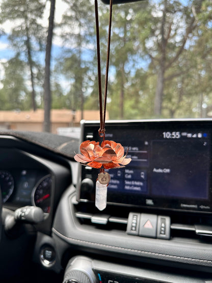 Rear Mirror Copper lotus flower car accessory with gemstone window dangle home decor handmade lotus flower gift suede leather strap charm