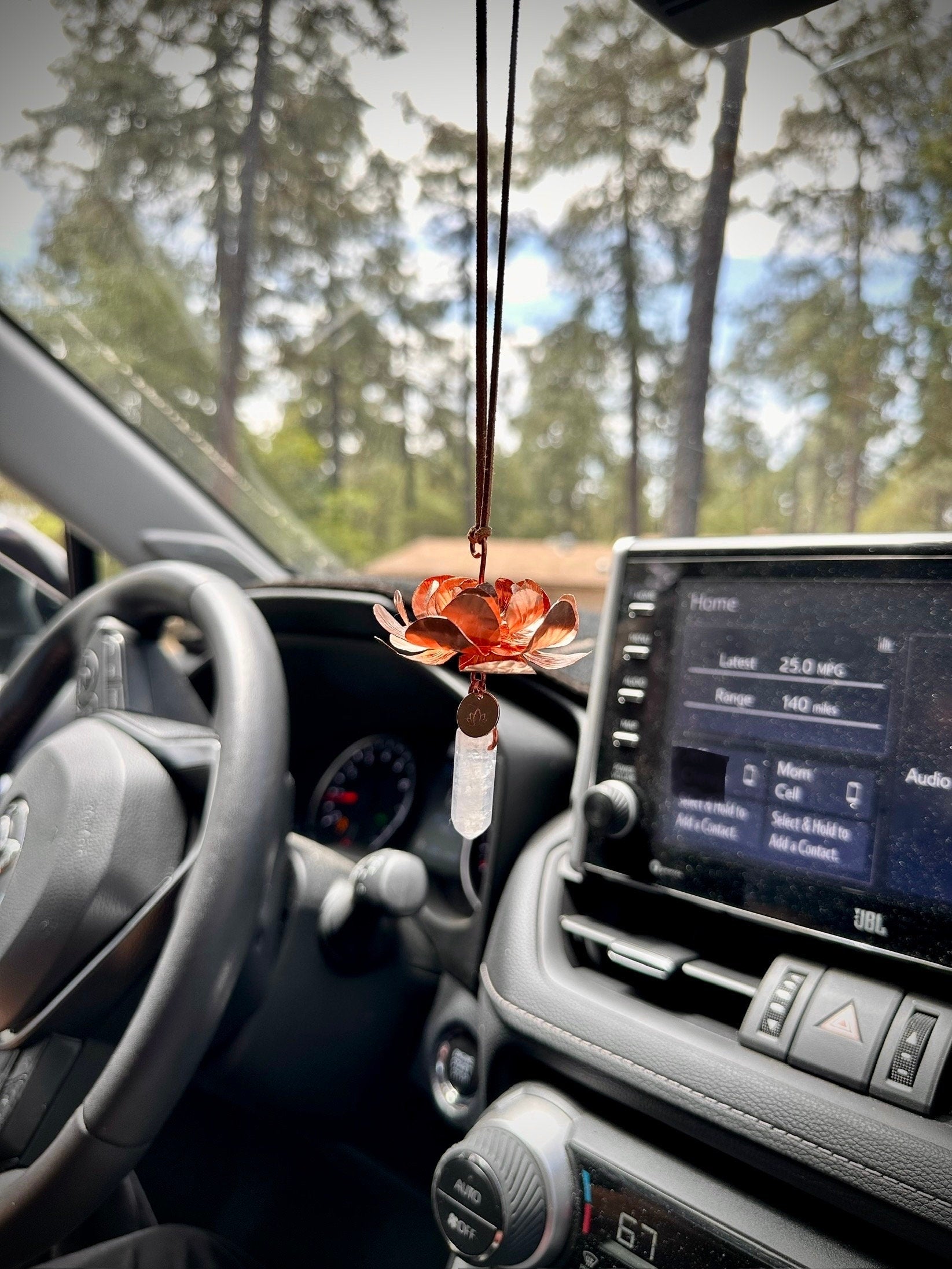 Rear Mirror Copper lotus flower car accessory with gemstone window dangle home decor handmade lotus flower gift suede leather strap charm