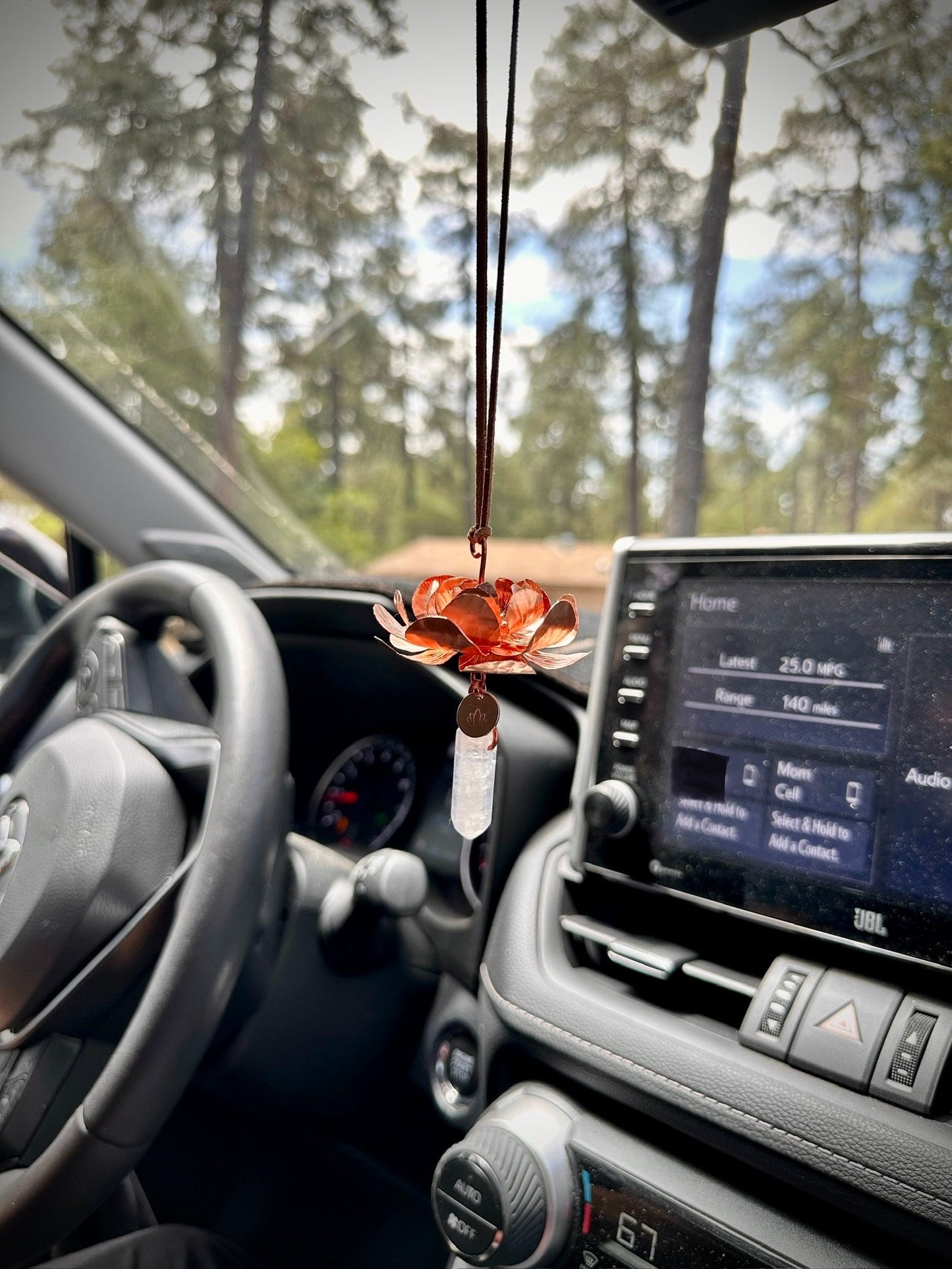 Handmade Copper lotus flower and gemstone window dangle rear view mirror car decor car mirror dangle lotus flower gift suede leather strap