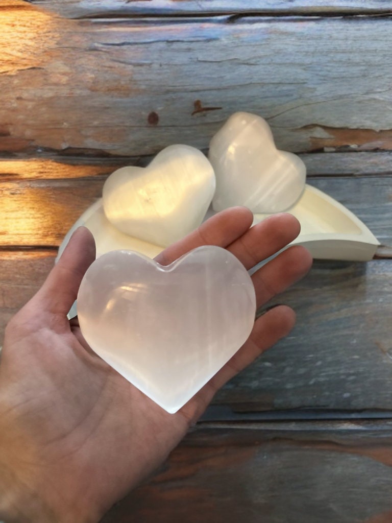 Puffy Pure Selenite Heart Palm & Thumb Stones Anti anxiety calming Crystals, wedding gift metaphysical natural healing stones stress relief