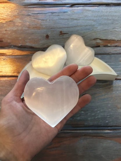 Puffy Pure Selenite Heart Palm & Thumb Stones Anti anxiety calming Crystals, wedding gift metaphysical natural healing stones stress relief