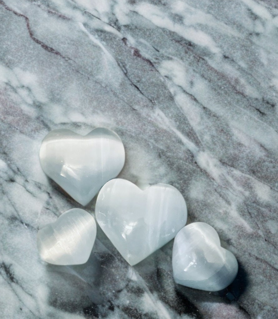 Puffy Pure Selenite Heart Palm & Thumb Stones Anti anxiety calming Crystals, wedding gift metaphysical natural healing stones stress relief