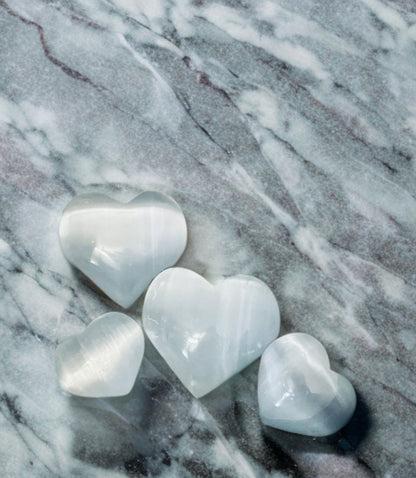 Puffy Pure Selenite Heart Palm & Thumb Stones Anti anxiety calming Crystals, wedding gift metaphysical natural healing stones stress relief