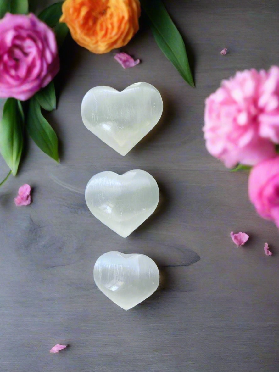 Puffy Pure Selenite Heart Palm & Thumb Stones Anti anxiety calming Crystals, wedding gift metaphysical natural healing stones stress relief