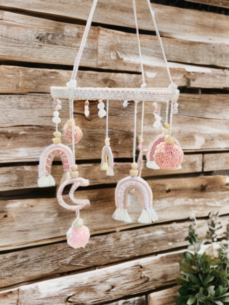 Custom one of a kind baby mobile macrame baby mobile baby girl handmade gift fresh water pearl crystal quartz blush dusty pink rainbows moon