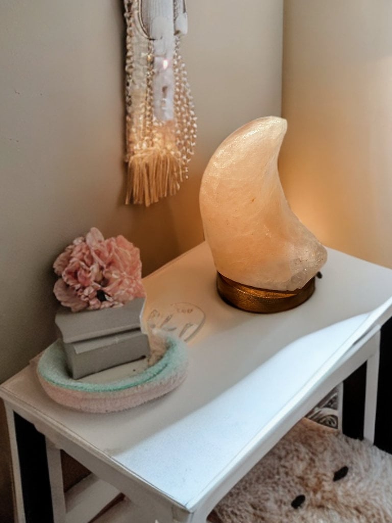 Pink USB Himalayan sea salt crescent moon lamp gorgeous soft glow lamp perfect for any room on wood base home nursery decor air detoxing LED