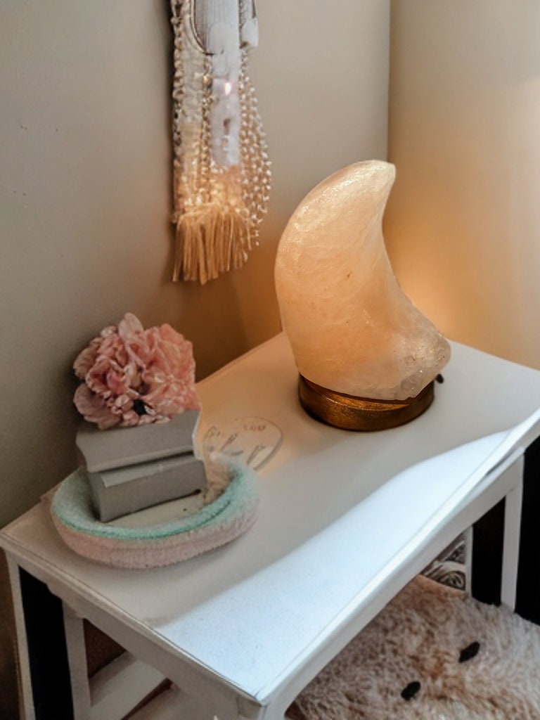 Pink USB Himalayan sea salt crescent moon lamp gorgeous soft glow lamp for any room on wood base 6” tall home nursery decor air detoxing LED