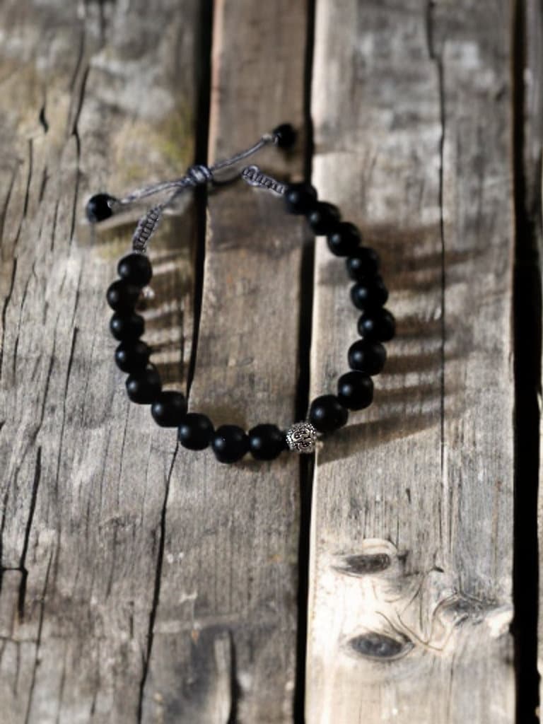 January birthstone Black onyx adjustable bracelet with meditation “OM” bead gemstone unisex jewelry gift natural healing metaphysical mens