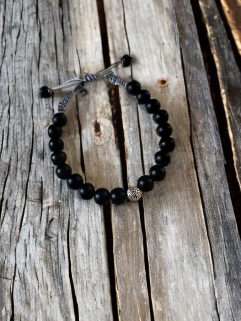 January birthstone Black onyx adjustable bracelet with meditation “OM” bead gemstone unisex jewelry gift natural healing metaphysical mens