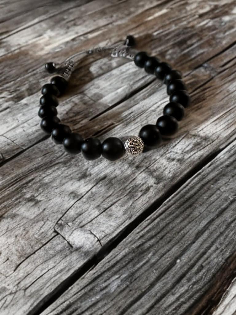 January birthstone Black onyx adjustable bracelet with meditation “OM” bead gemstone unisex jewelry gift natural healing metaphysical mens