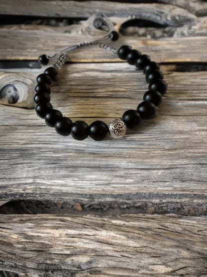 January birthstone Black onyx adjustable bracelet with meditation “OM” bead gemstone unisex jewelry gift natural healing metaphysical mens