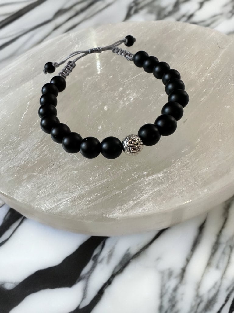 January birthstone Black onyx adjustable bracelet with meditation “OM” bead gemstone unisex jewelry gift natural healing metaphysical mens