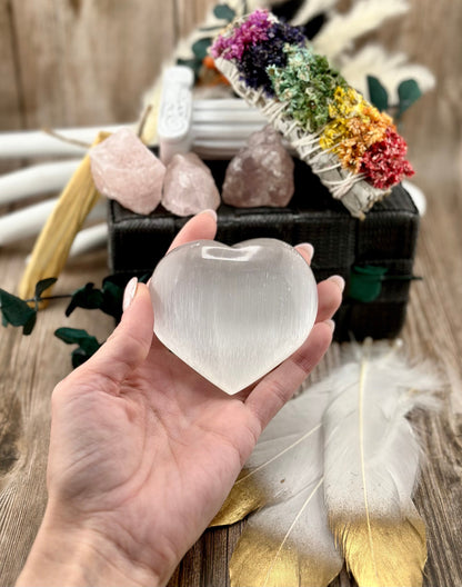 Puffy Pure Selenite Heart Palm & Thumb Stones Anti anxiety calming Crystals, wedding gift metaphysical natural healing stones stress relief