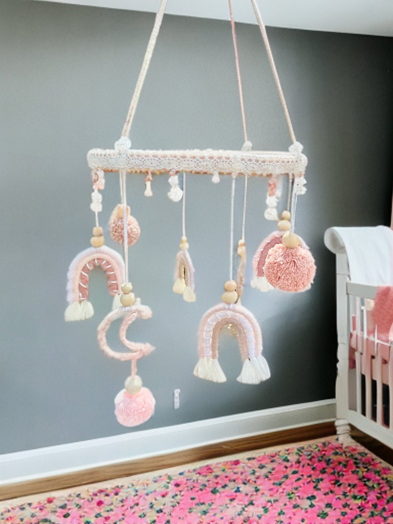 Custom one of a kind baby mobile macrame baby mobile baby girl handmade gift fresh water pearl crystal quartz blush dusty pink rainbows moon