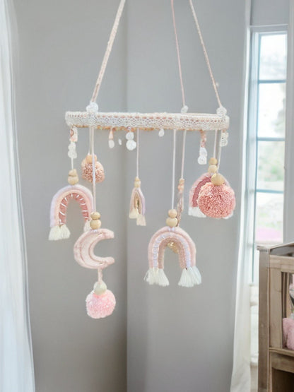 Custom one of a kind baby mobile macrame baby mobile baby girl handmade gift fresh water pearl crystal quartz blush dusty pink rainbows moon