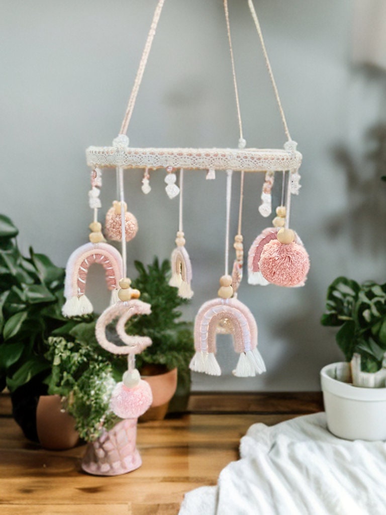 Custom one of a kind baby mobile macrame baby mobile baby girl handmade gift fresh water pearl crystal quartz blush dusty pink rainbows moon