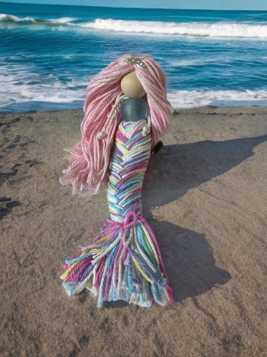 Handmade rainbow Mermaid doll with posable tails kids gift room decor fantasy desk ornament window decoration beach theme costal macrame