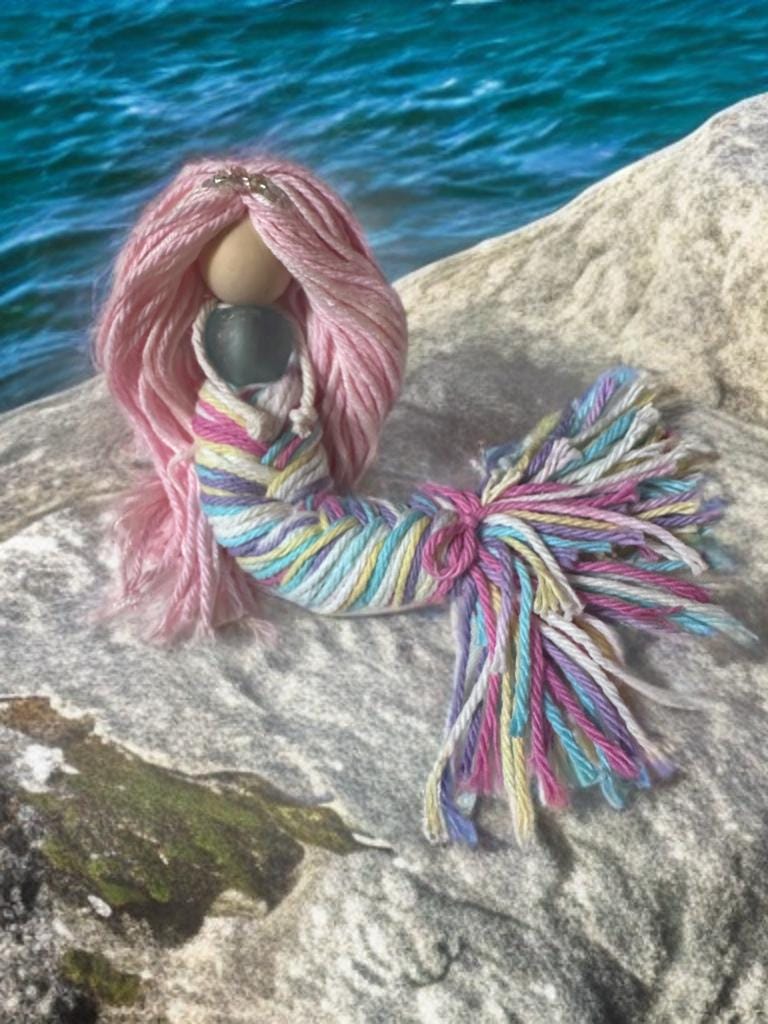 Handmade rainbow Mermaid doll with posable tails kids gift room decor fantasy desk ornament window decoration beach theme costal macrame