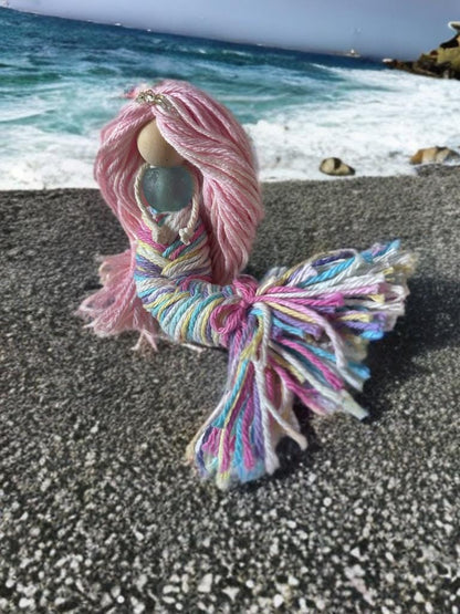 Rainbow handmade Mermaid doll with posable tails kids gift room decor fantasy desk ornament window decoration beach theme costal macrame