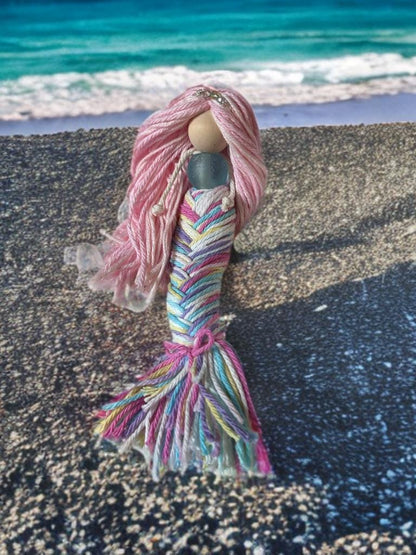 Rainbow handmade Mermaid doll with posable tails kids gift room decor fantasy desk ornament window decoration beach theme costal macrame