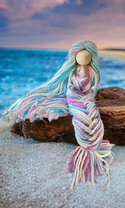 Rainbow handmade Mermaid doll with posable tails kids gift room decor fantasy desk ornament window decoration beach theme costal macrame