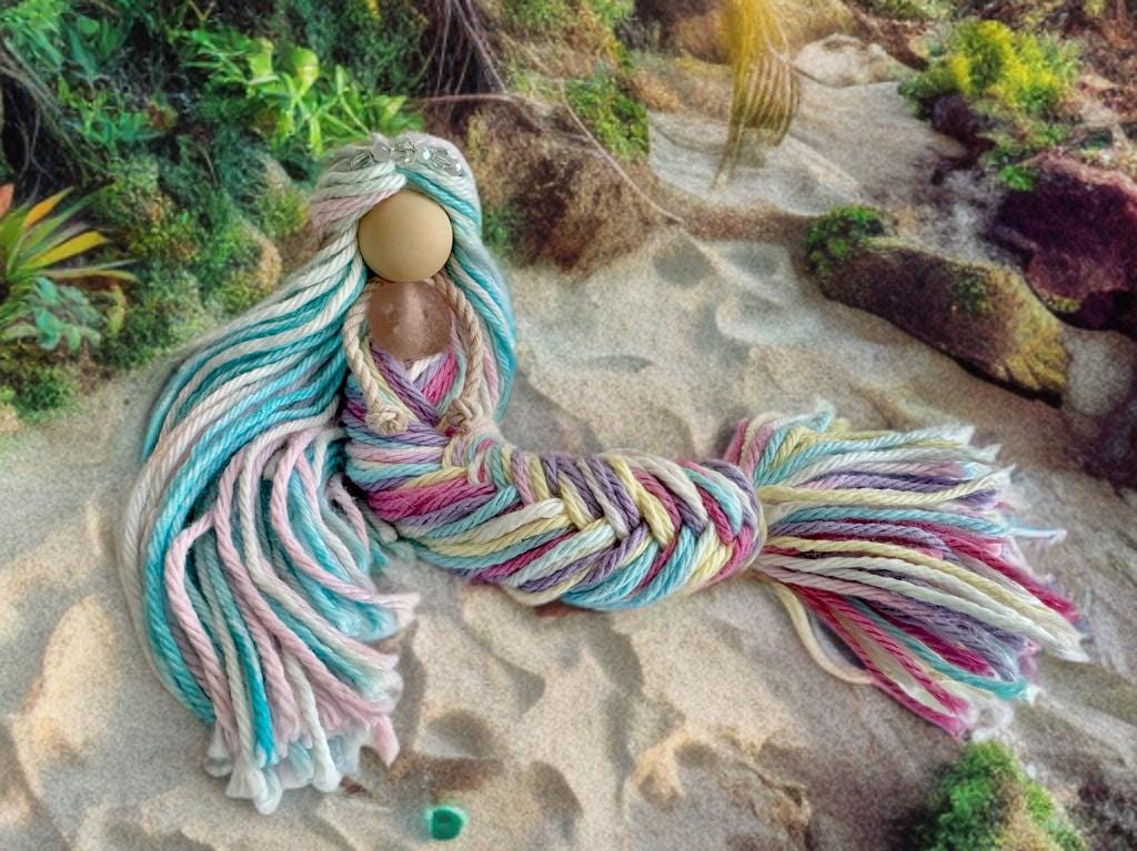 Rainbow handmade Mermaid doll with posable tails kids gift room decor fantasy desk ornament window decoration beach theme costal macrame