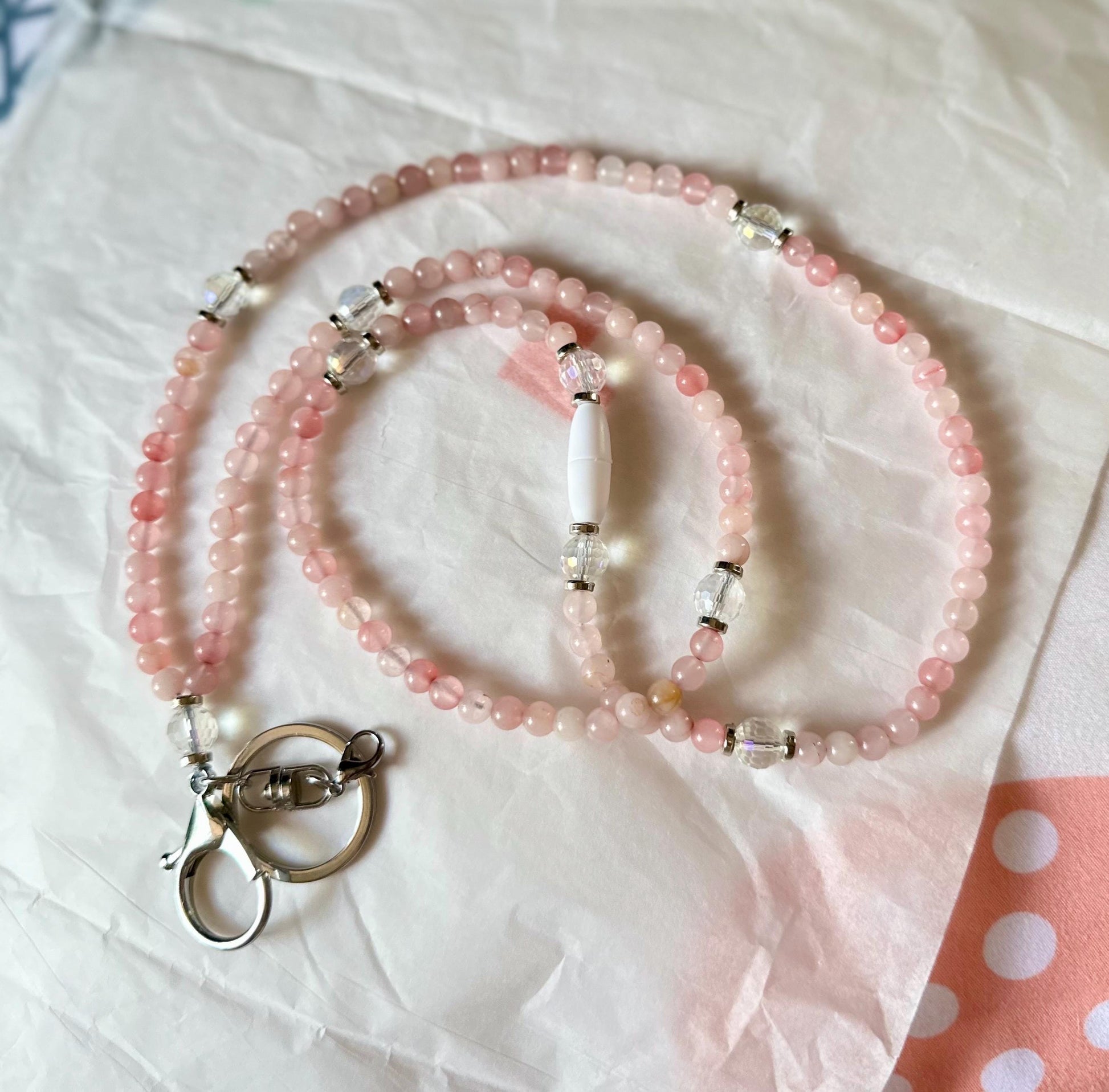 Custom pastel pink rose quartz crystal bead lanyard for teachers ID badge holder nurses cruise ship keychain gift school supply daycare