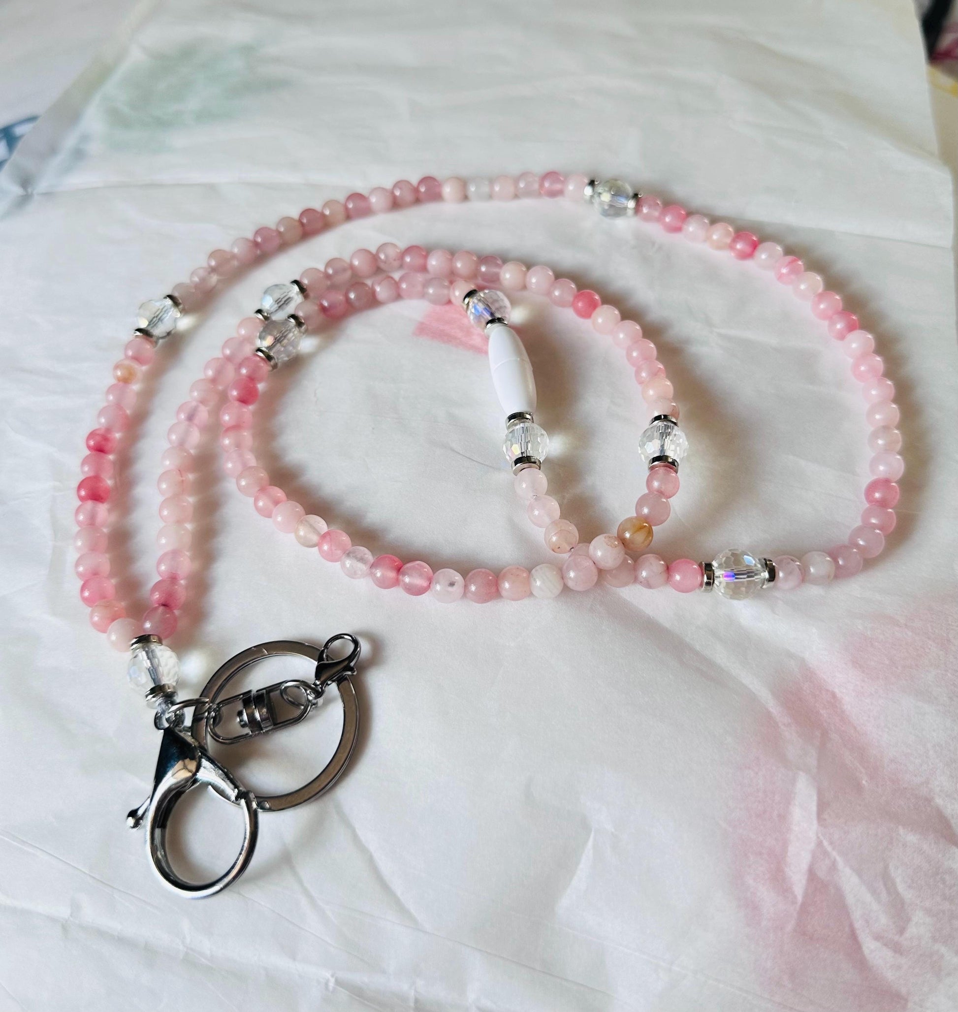 Custom pastel pink rose quartz crystal bead lanyard for teachers ID badge holder nurses cruise ship keychain gift school supply daycare