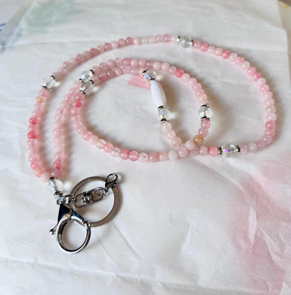 Custom pastel pink rose quartz crystal bead lanyard for teachers ID badge holder nurses cruise ship keychain gift school supply daycare