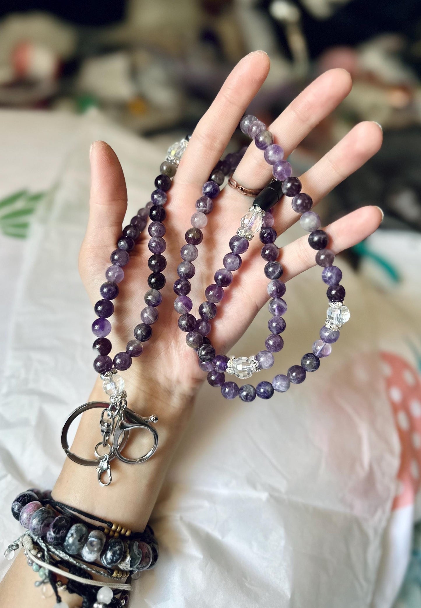 Custom Amethyst gemstone and crystal bead lanyard for teachers ID badge holder nurses cruise ship keychain gift school supply purple calm