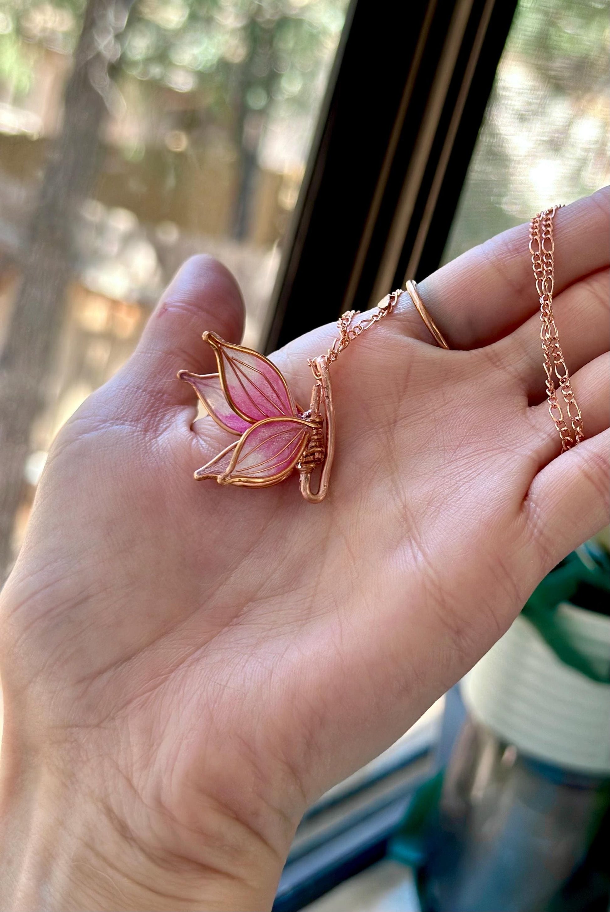 Handmade butterfly pendant Copper wire & epoxy necklace pink wing jewelry gift birthday custom 7th anniversary gold fashion accessory pearl