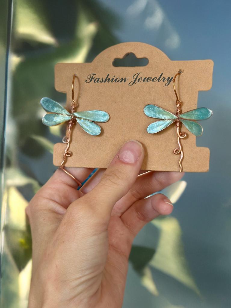 Handmade Copper wire & epoxy dragonfly earrings necklace fairy wing jewelry gift birthday custom jewelry set fashion accessory delicate bug