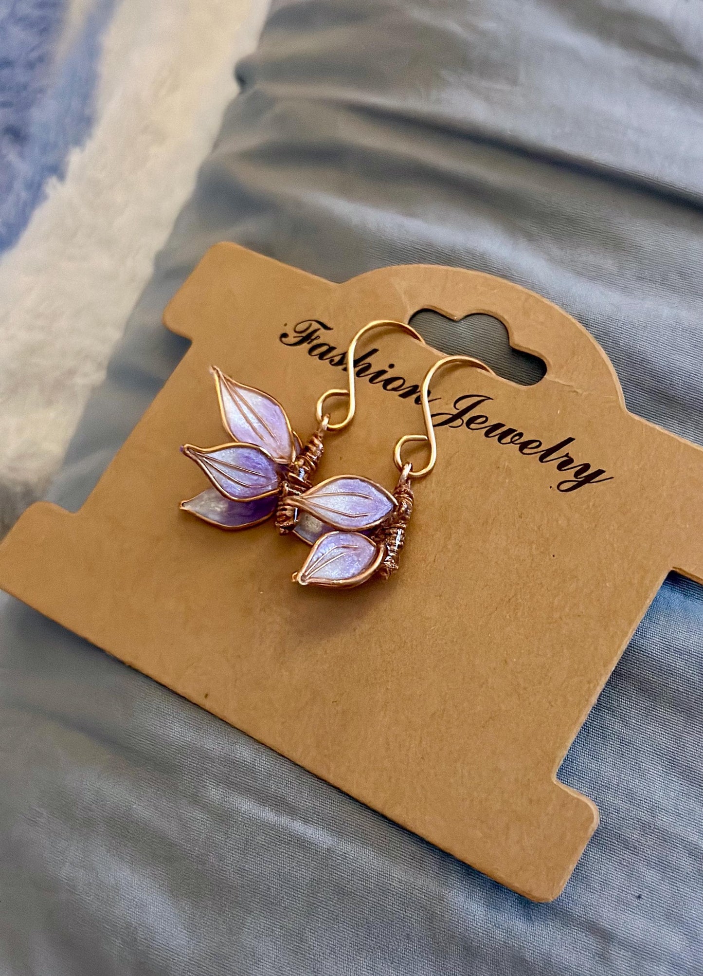 Handmade Copper wire & epoxy butterfly pendant earrings purple wing jewelry gift birthday custom anniversary gold fashion accessory delicate