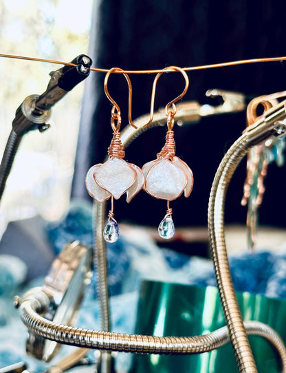 Custom Handmade Copper wire and epoxy iridescent pearl white drop flower earrings dangle earrings jewelry gift glass tear drop bead delicate