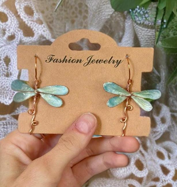 Handmade Copper wire & epoxy dragonfly earrings necklace fairy wing jewelry gift birthday custom jewelry set fashion accessory delicate bug