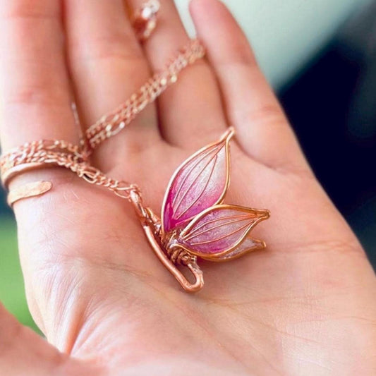 Handmade Copper wire & epoxy butterfly pendant necklace pink wing jewelry gift birthday custom anniversary gold fashion accessory delicate