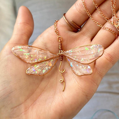 Handmade Copper wire & epoxy dragonfly pendant necklace fairy wing jewelry gift birthday custom jewelry set fashion accessory delicate bug