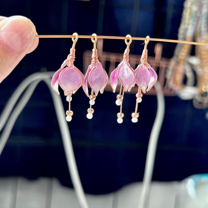 Custom Handmade Copper wire and epoxy resin drop flower dangle earrings jewelry gift glass tear drop bead delicate garden hematite bead gem