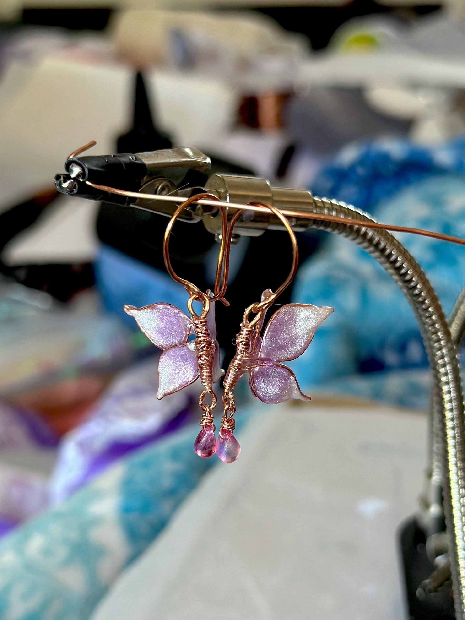 Handmade Butterfly Copper wire & epoxy dangle earrings purple wing jewelry gift birthday custom anniversary gold fashion accessory delicate