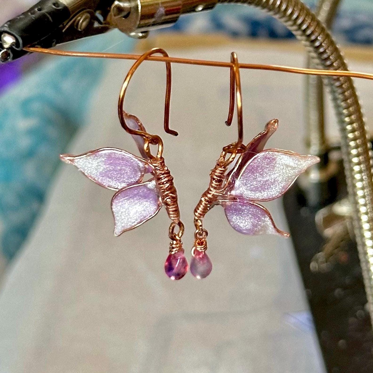 Handmade Butterfly Copper wire & epoxy dangle earrings purple wing jewelry gift birthday custom anniversary gold fashion accessory delicate