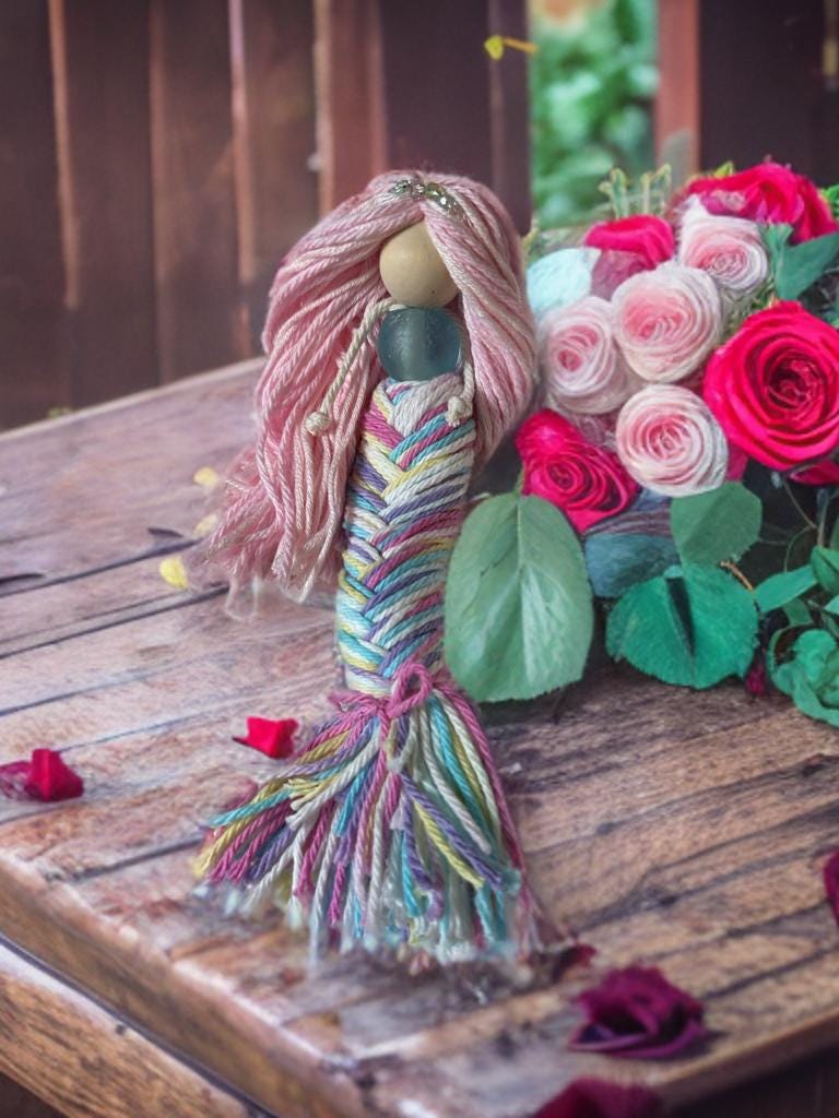 Handmade rainbow Mermaid doll with posable tails kids gift room decor fantasy desk ornament window decoration beach theme costal macrame