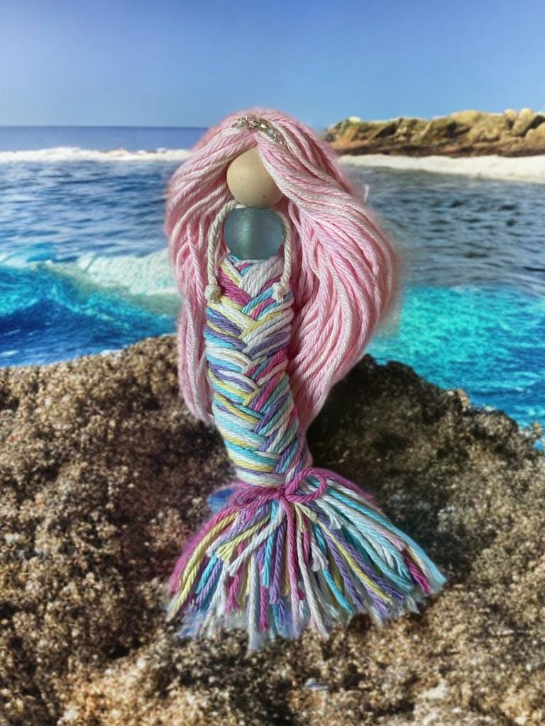 Handmade rainbow Mermaid doll with posable tails kids gift room decor fantasy desk ornament window decoration beach theme costal macrame