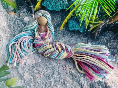 Handmade rainbow Mermaid doll with posable tails kids gift room decor fantasy desk ornament window decoration beach theme costal macrame