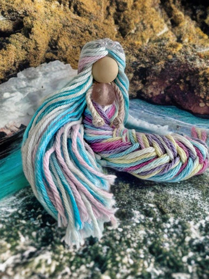 Rainbow handmade Mermaid doll with posable tails kids gift room decor fantasy desk ornament window decoration beach theme costal macrame