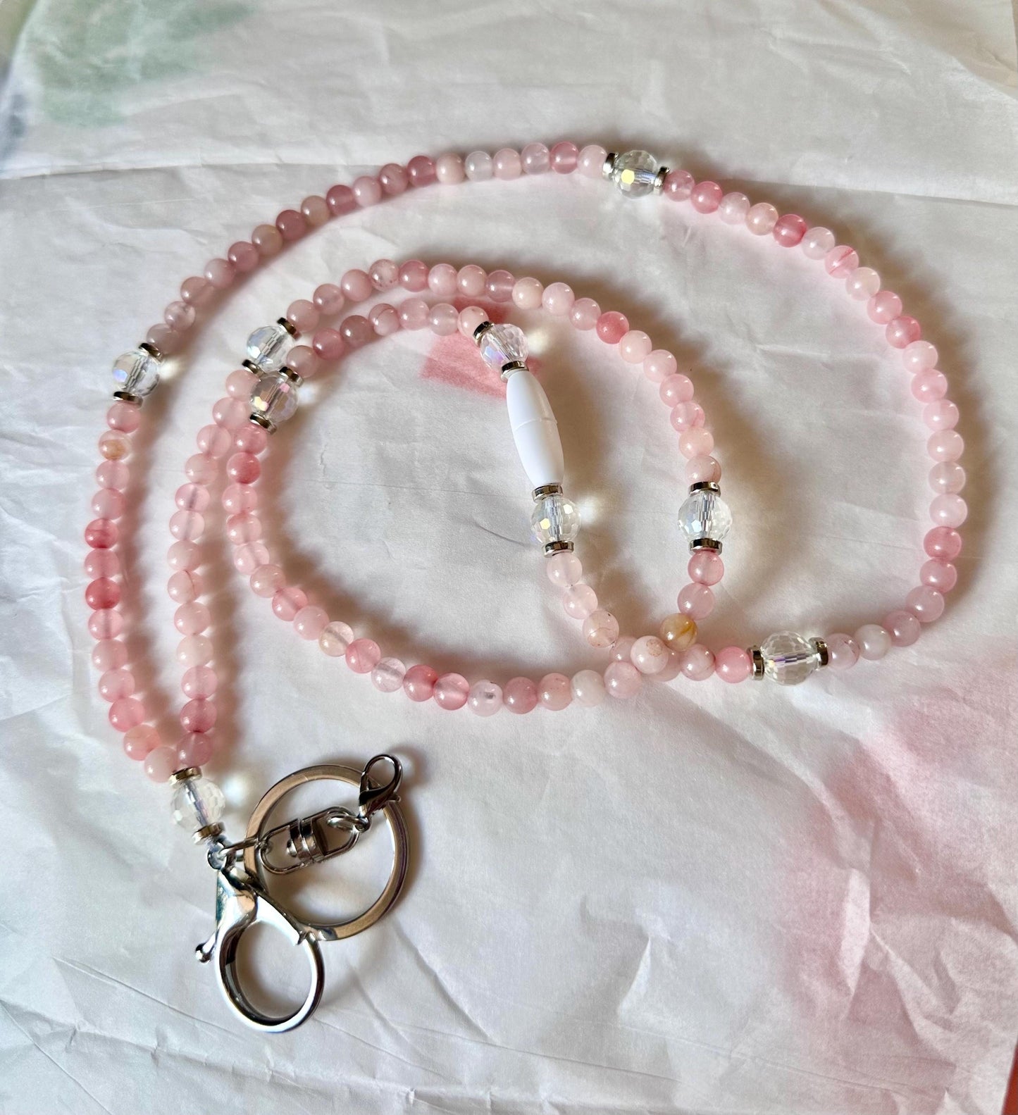 Custom pastel pink rose quartz crystal bead lanyard for teachers ID badge holder nurses cruise ship keychain gift school supply daycare