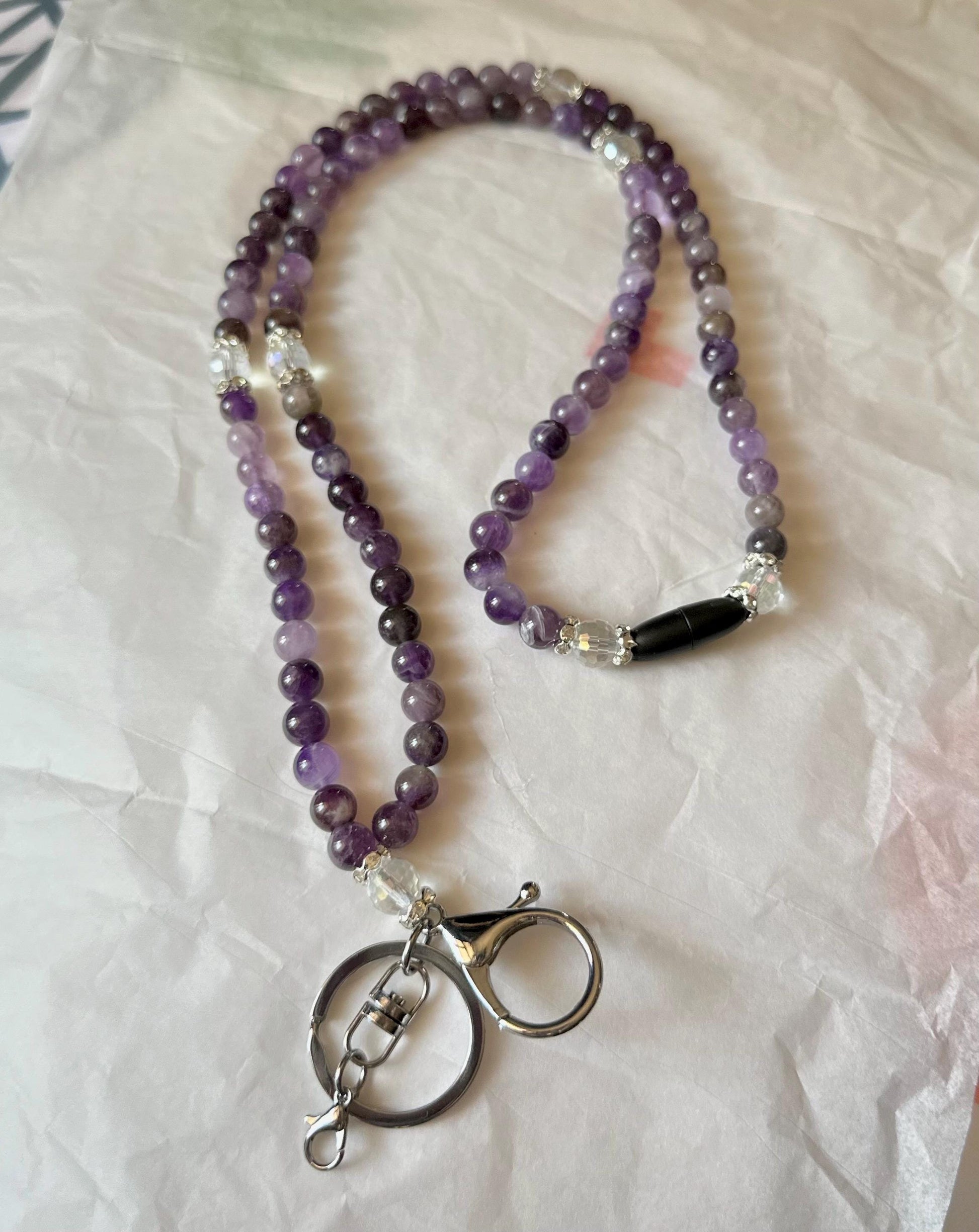 Custom Amethyst gemstone and crystal bead lanyard for teachers ID badge holder nurses cruise ship keychain gift school supply purple calm