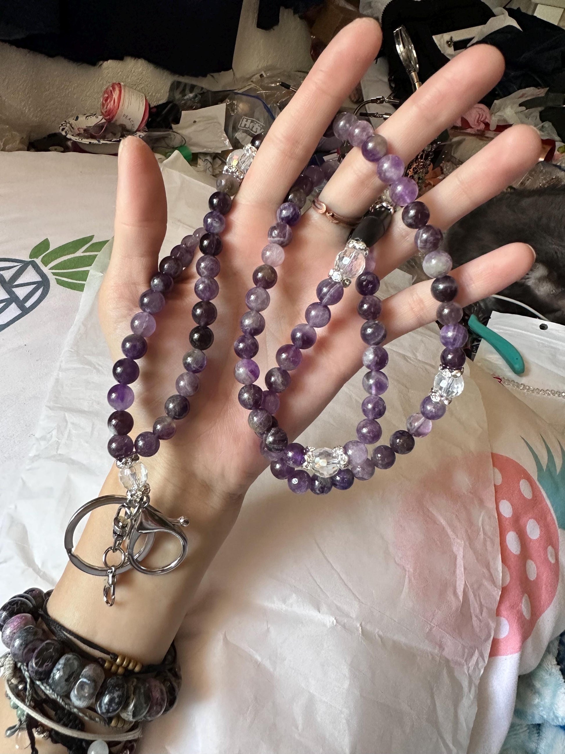 Custom Amethyst gemstone and crystal bead lanyard for teachers ID badge holder nurses cruise ship keychain gift school supply purple calm