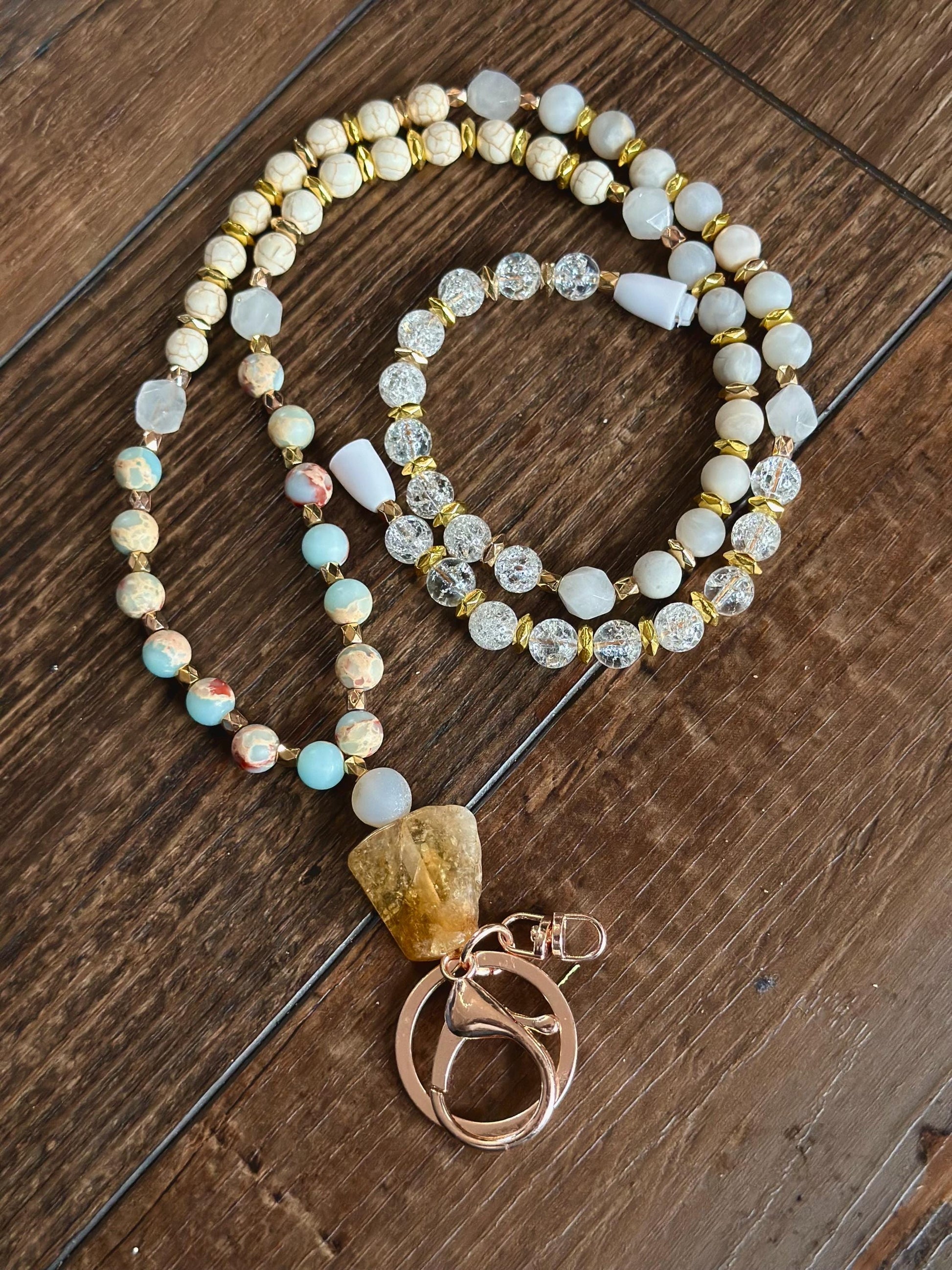 Gemstone lanyard gemstone ID holder badge clip nurses wood lanyard teacher gift new job student supplies boho gold snake skin Jasper citrine