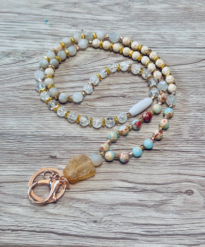 Gemstone lanyard gemstone ID holder badge clip nurses wood lanyard teacher gift new job student supplies boho gold snake skin Jasper citrine